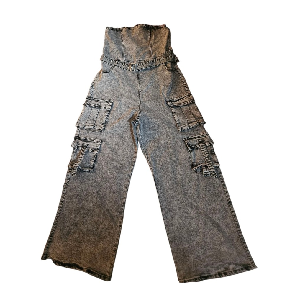 High-Waist Acid Wash Cargo Jumpsuit - Gray